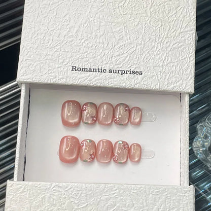 10pcs/set Handmade Press-On Nails - Blue Glossy Fish & Bubbles Design Short Oval Fake Nails with Cat Eye Effect False Nails