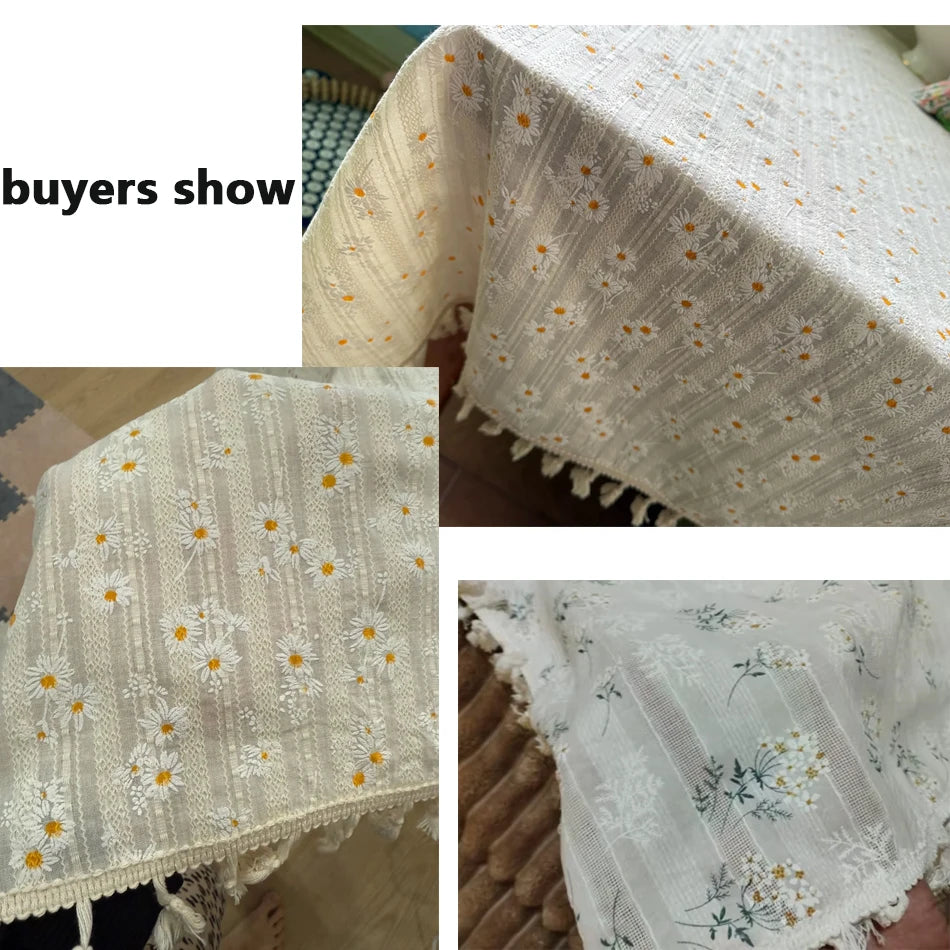 Korean Style Small Daisy Cotton Floral Tablecloth For Kitchen, Wedding, Dining Room