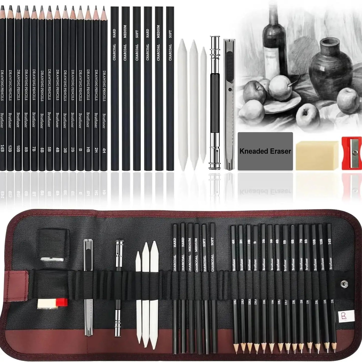29Pcs Drawing Kit Sketching Pencils Set,Portable Pen Curtain-Charcoal Pencils, Sketch Pencils, Charcoal Stick,Sharpener,Erase
