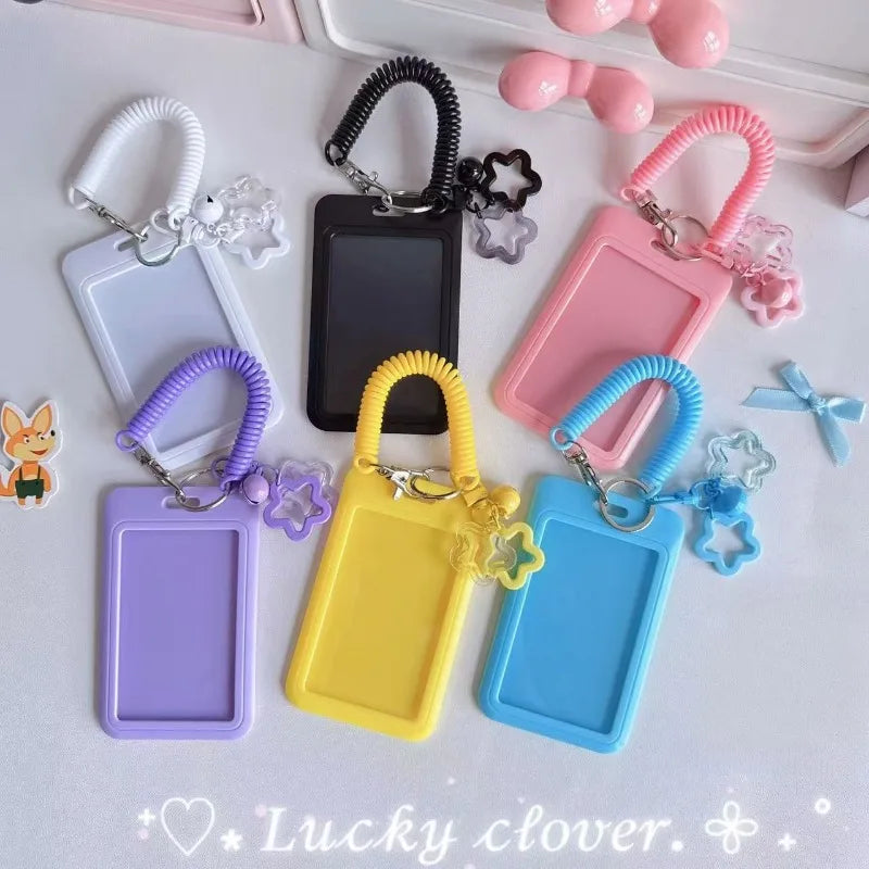 Cute Simple Protective Card Holder with Keychain Colorful Star Retractable Spring Lanyard ID Card Photo Postcard Holder Charm