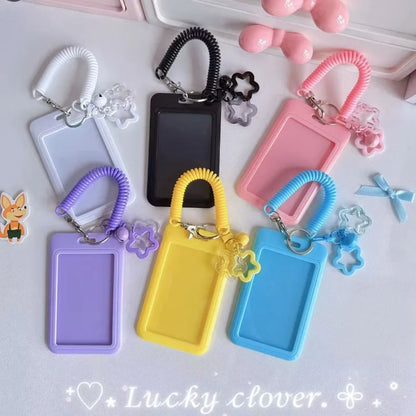 Cute Simple Protective Card Holder with Keychain Colorful Star Retractable Spring Lanyard ID Card Photo Postcard Holder Charm