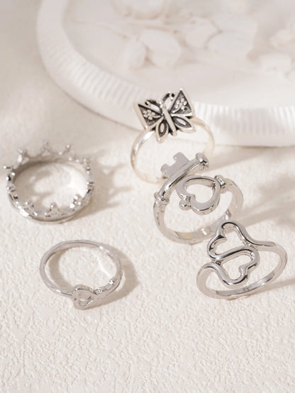 Heart Butterfly Ring Set Crown Heart-Shaped Designs Stackable Vintage Jewelry for Women, Boho Punk Fashion Accessory - silver