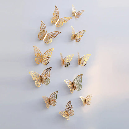 12pcs/lot Metal Inspired Hollow 3D Paper Butterfly Decorations for Parties, Festivals, Weddings, Birthdays, Wall Stickers