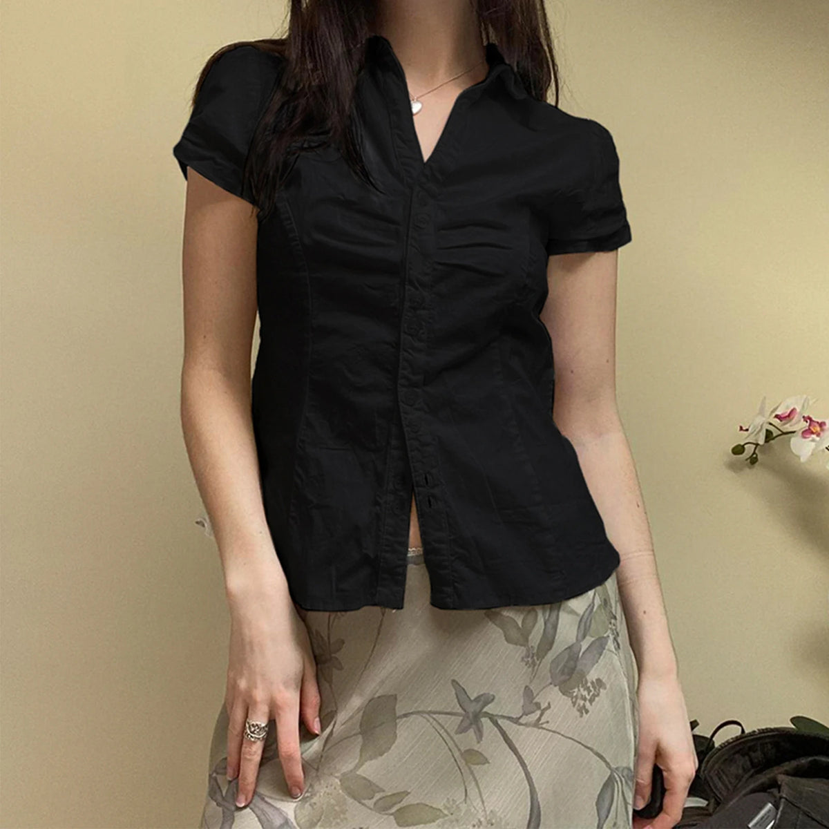 Women Short Sleeve Button Down Shirts Vintage Stripe Print Slim Fitted Cropped Collared Blouse Elegant Lady Business Shirts -
