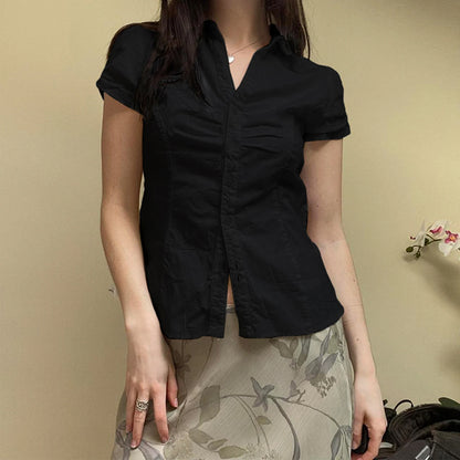 Women Short Sleeve Button Down Shirts Vintage Stripe Print Slim Fitted Cropped Collared Blouse Elegant Lady Business Shirts -