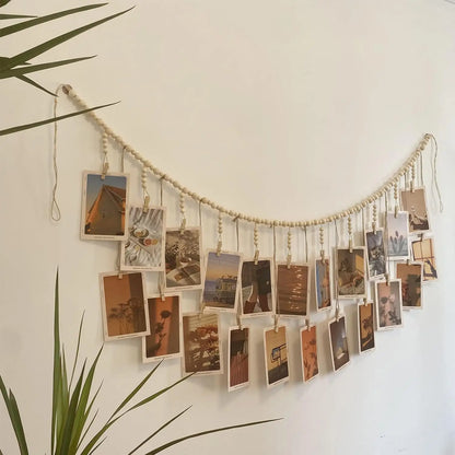 Hanging Photo Display Wooden Bead Garland Boho Wall Hanging for Bedroom Living Room Dorm Party Decor Teen Girl Gifts - 22 cli