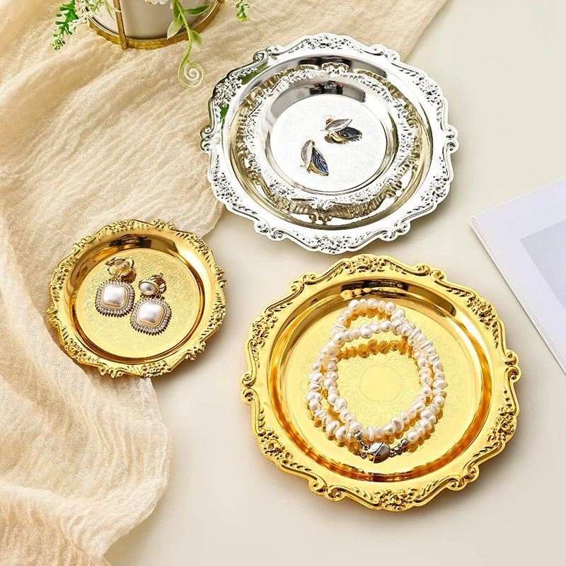 Retro Luxury Silver Plated Plates Cake Dessert Tray High Tea Snack Fruit Dish Jewelry Storage Tabletop Decor Home Hotel Suppl