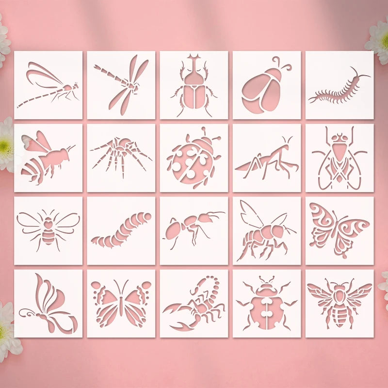 YOMDID 20pcs Insect Series Painting Hollow Out Stencils Reusable DIY Dragonfly, Bee, and other Insect Pattern Graffiti Templa