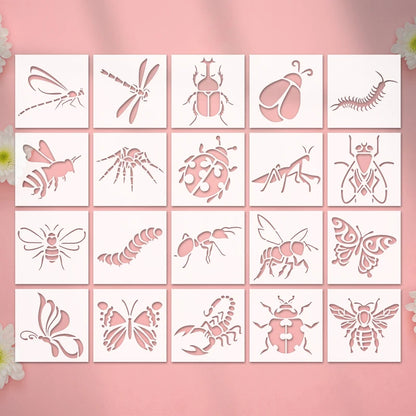 YOMDID 20pcs Insect Series Painting Hollow Out Stencils Reusable DIY Dragonfly, Bee, and other Insect Pattern Graffiti Templa