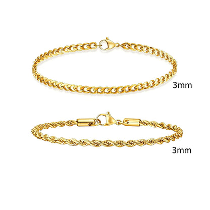 2pcs Men's Chain Bracelets,Stainless Steel Silver Gold Black Color Twist Rope Chain Wristband,Trendy Cuban Link Chains Gift -
