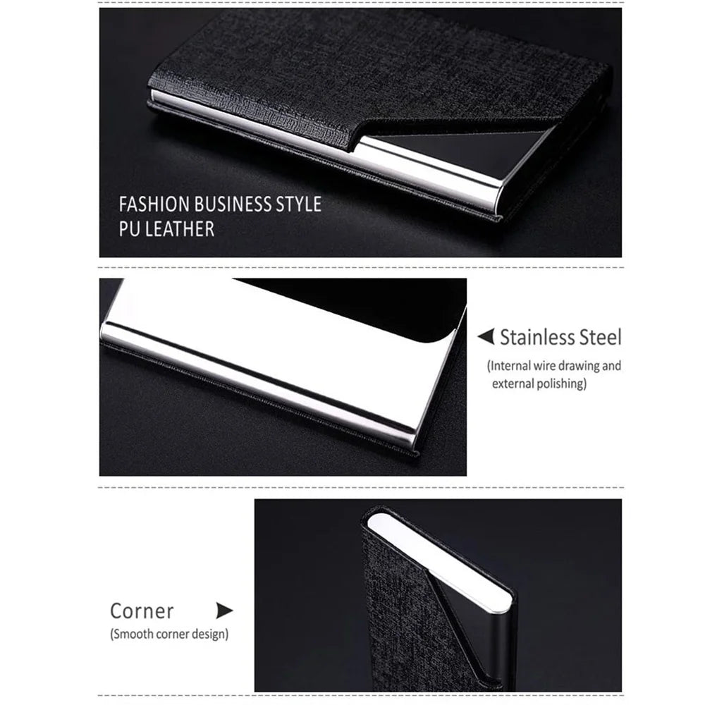 Metal Business Card Holder - Waterproof PU Leather Stainless Steel Card Case for Men and Women