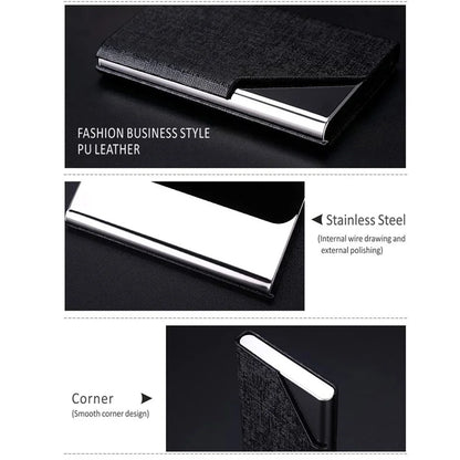Metal Business Card Holder - Waterproof PU Leather Stainless Steel Card Case for Men and Women