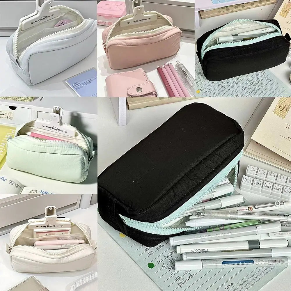 Simplicity Solid Color Pen Bag Zipper Design Large Capacity Pencil Case Portable Stationery Bag Gift