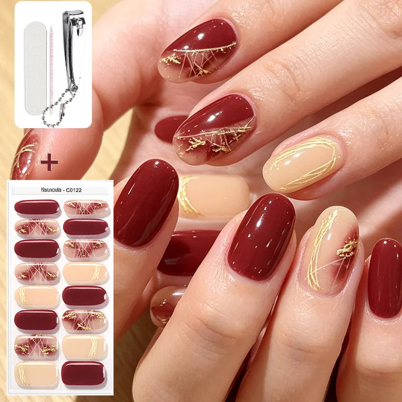 Harunouta 16strips Semi Cured Gel Nail Strips with Nail Clipper Set Self-Adhesive Glitter for Nails Work with UV/LED - Set 17