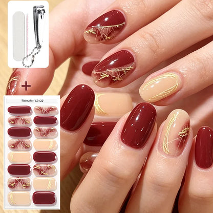 Harunouta 16strips Semi Cured Gel Nail Strips with Nail Clipper Set Self-Adhesive Glitter for Nails Work with UV/LED - Set 17