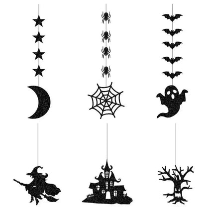 6pcs Halloween Hanging Banner Garland Scary Spider Witch Ghost Bat Pendant Ornament Happy Halloween Party Decorations for Hom