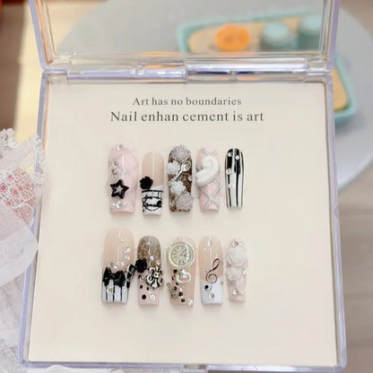 Musical Notes Retro Vintage Gyaru French Handmade Press On Nails 3D Rose Bow Pearl Pink Fake Nails Y2K Cute Long Coffin Nail 