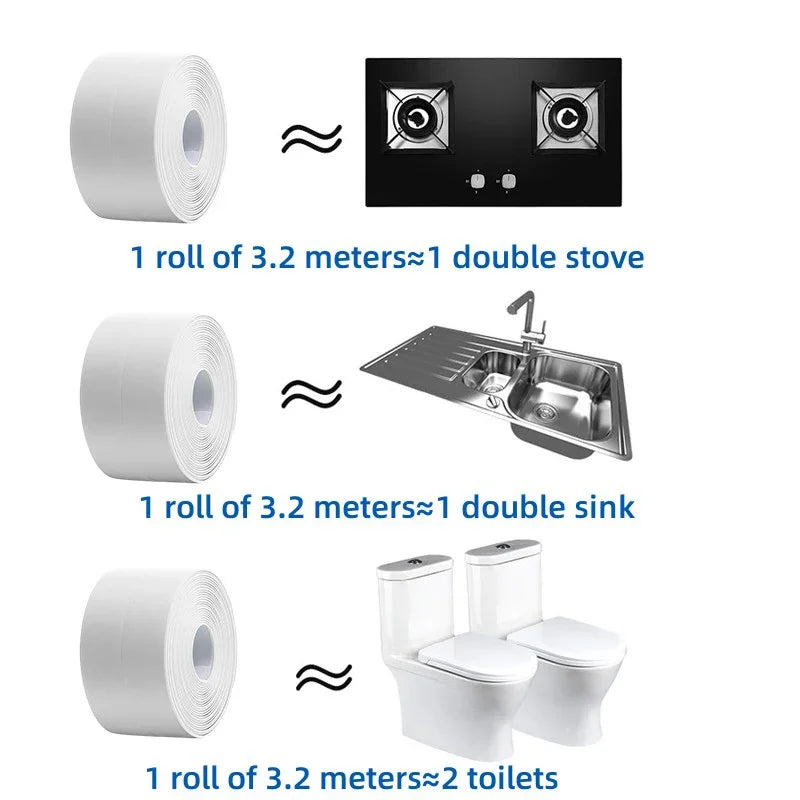 1/2/3.2M Self-adhesive Sealing Tape PVC Oil-Proof Kitchen Sink Edge Caulk Tape Waterproof Bathroom Toilet Corner Wall Sticker