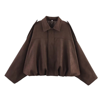 Women's Bomber Jackets Coats Fashion Turn-down Collar Long Sleeve Loose Coats Vintage Female Outerwear Chic Tops - as picture