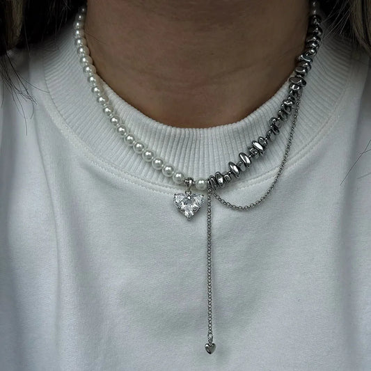 New Irregular Choker Vintage Tassels Zircon Heart Pendant Necklace For Women Female White Imitation Pearl Chain Valentine's G