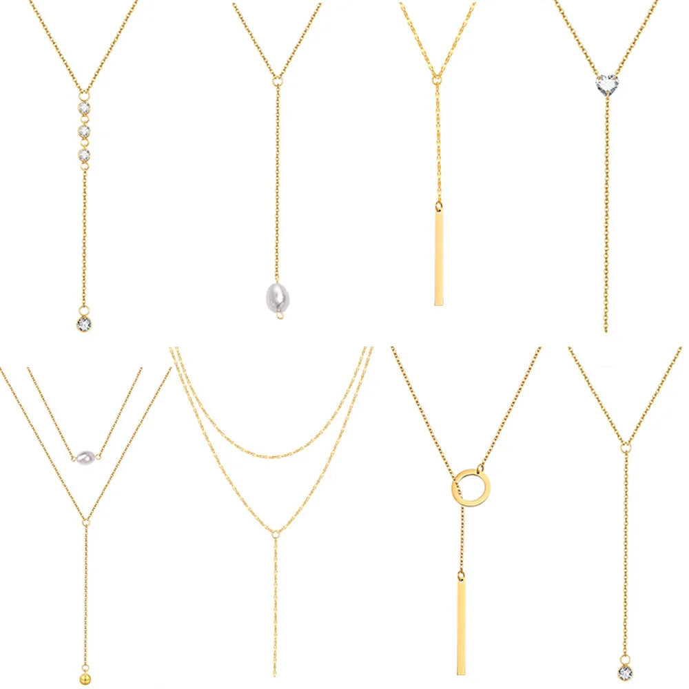 Lariat Necklace for Women, Stainless Steel Drop Necklace with Long Chain, Party Wedding Jewelry