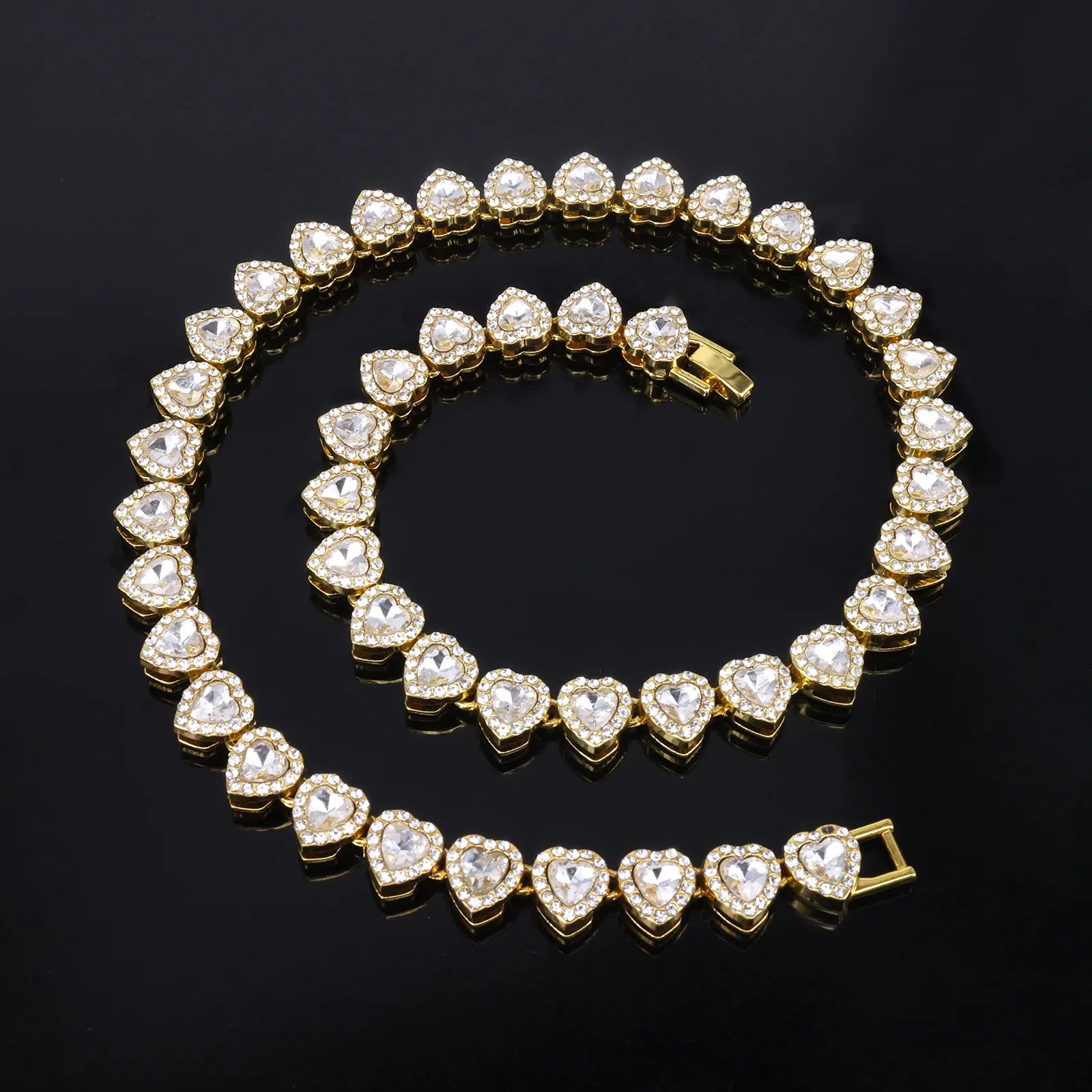 ZAKOL 45CM New Hip Hop Tennis Chain Bracelet Necklace Shiny Heart Rhinestone CZ Fashion Rock Party Jewelry Set - Gold Color 4