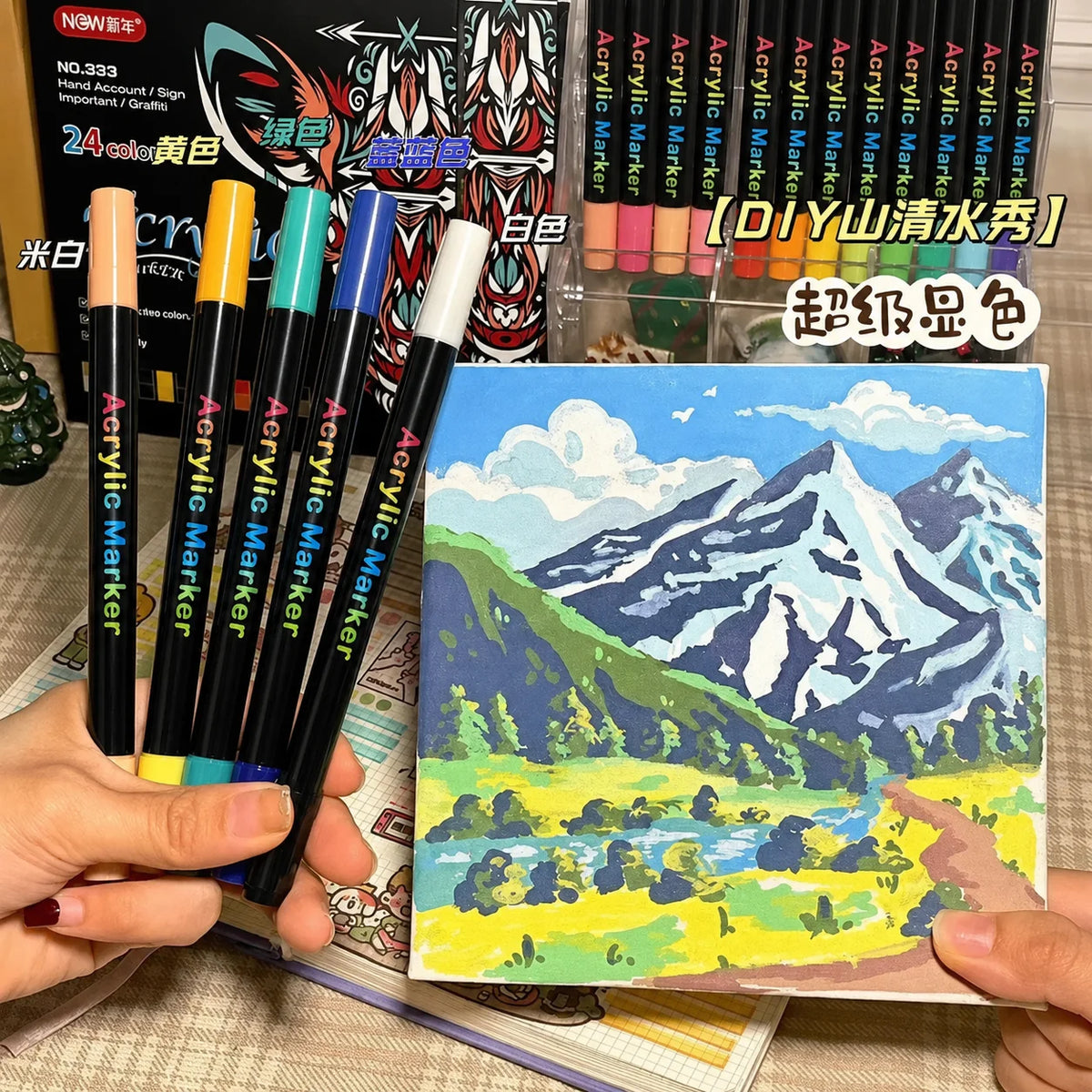 Professional Art Use 24/48-Color Acrylic Paint Markers, Dual-Tip Fine and Brush Tip Pens, Suitable for Stone, Wood, Calligrap