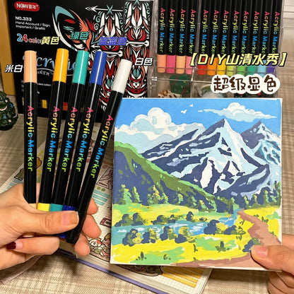 Professional Art Use 24/48-Color Acrylic Paint Markers, Dual-Tip Fine and Brush Tip Pens, Suitable for Stone, Wood, Calligrap