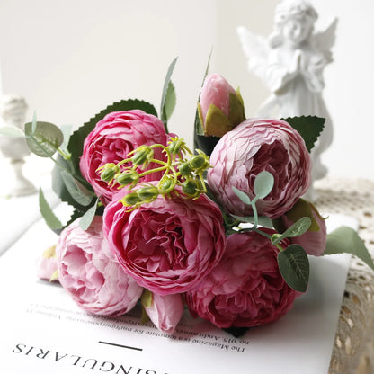 1pcs/30cm Rose Pink Silk Bouquet Peony Artificial Flower 5 Big Head 4 Small Bud Bride Wedding Home Decoration Artifi - 21