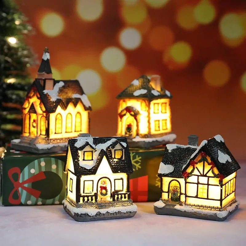 Christmas Decoration House LED Light Xmas Durable Ornaments Small Resin Mini House Miniature Village Building for Home Kids G