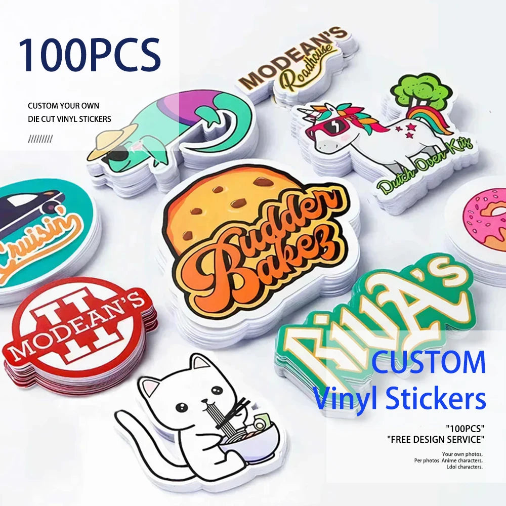 100pcs Custom Stickers PVC Waterproof Die Cut Vinyl Logo Design Brand Laptop Cute Personalized Sticker Glossy Film for Busine