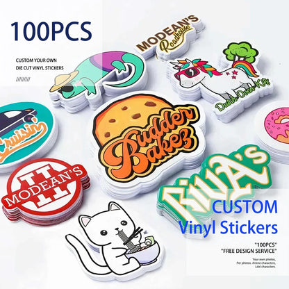 100pcs Custom Stickers PVC Waterproof Die Cut Vinyl Logo Design Brand Laptop Cute Personalized Sticker Glossy Film for Busine
