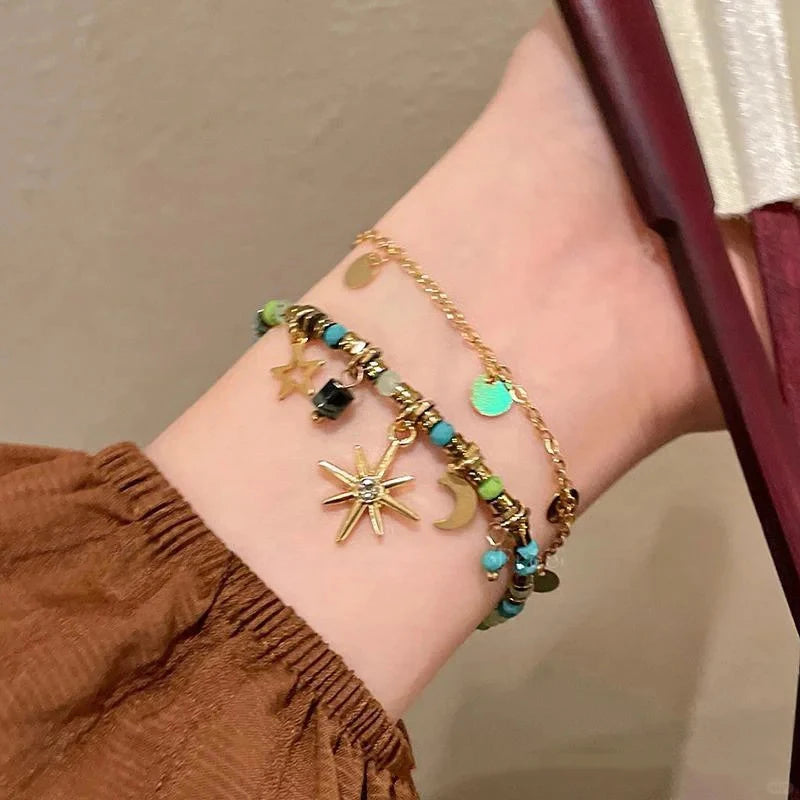 Vintage Bohemian Style Beaded Layered Bracelet, Sunflower Moon Pendant, Women's Jewelry Bracelet Accessories