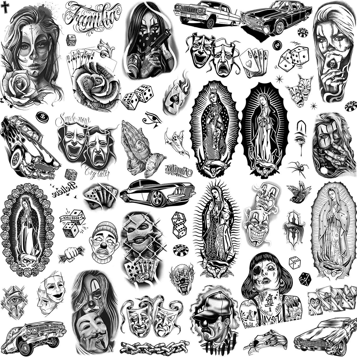 6 Sheets Chicano Temporary Tattoos For Men Women Adult, Chicana Guadalupe Gangster Fake Tattoos Halloween Day of the Dead Mex