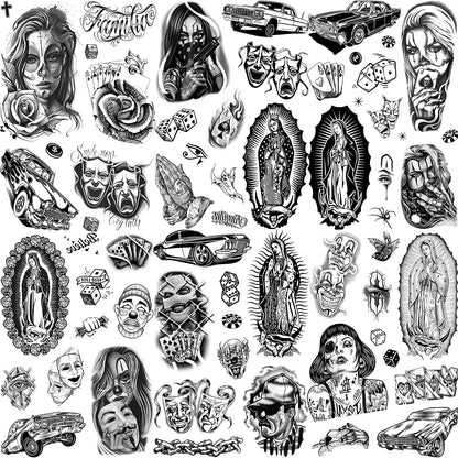 6 Sheets Chicano Temporary Tattoos For Men Women Adult, Chicana Guadalupe Gangster Fake Tattoos Halloween Day of the Dead Mex
