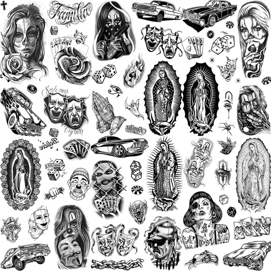 6 Sheets Chicano Temporary Tattoos For Men Women Adult, Chicana Guadalupe Gangster Fake Tattoos Halloween Day of the Dead Mex