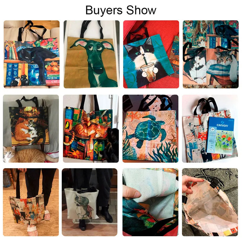 1/5/10pcs Floral Cat Pattern Tote Bag, Aesthetic Canvas School Shoulder Bag, Lightweight Grocery Shopping Bag