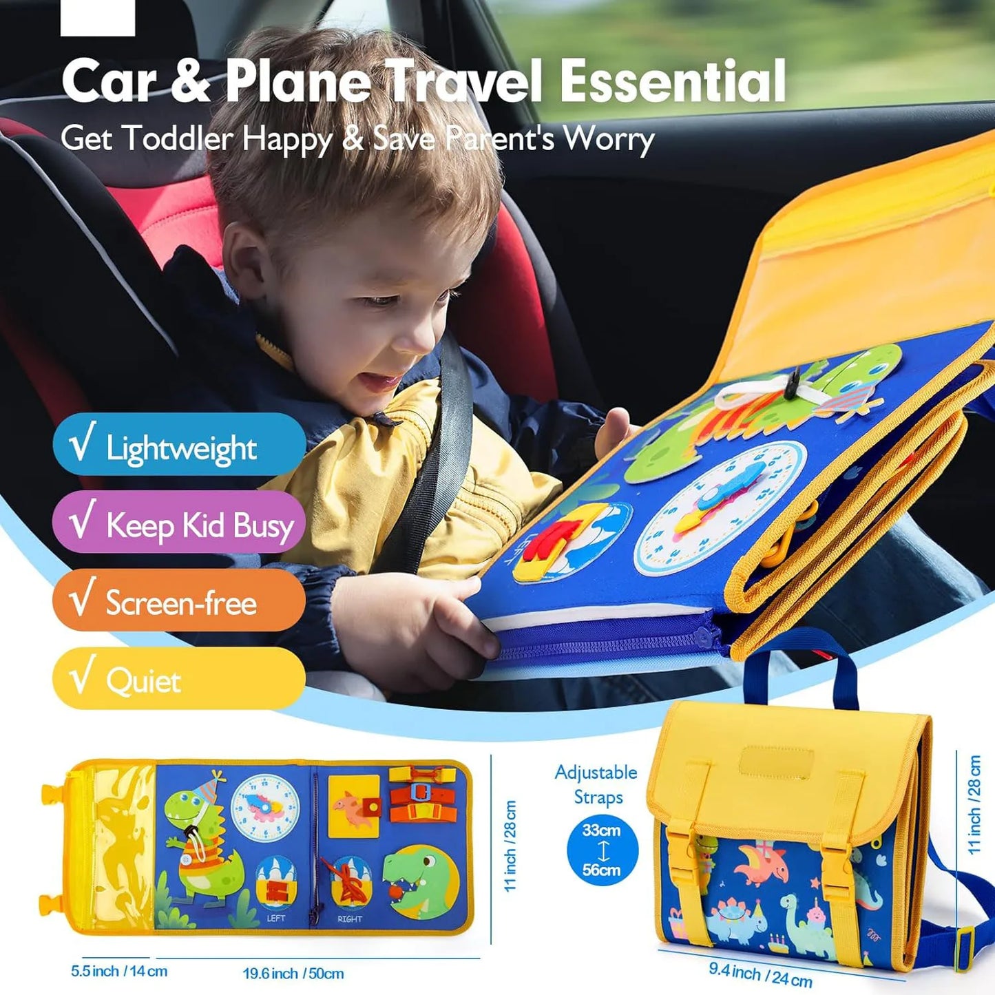 Toddler Busy Board Montessori Toys Learning Educational Activities Travel Toy Dinosaur Dress up Sensory Life Skill Backpack