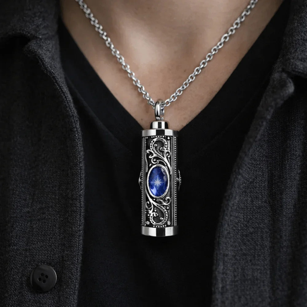 For Men Crystal Cremation Urn Necklace Cylinder Waterproof Ashes Pendant Retro Style Keepsake Memorial Jewelry Human Ashes