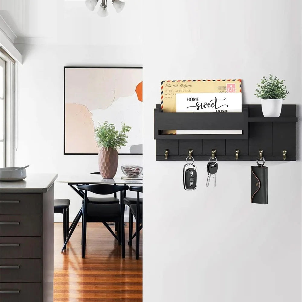 Decorative Key Rack and Mail Organizer with 6 Key Hooks Rustic Wood Key Holder Wall Mounted with Shelf for Living Room Enterw