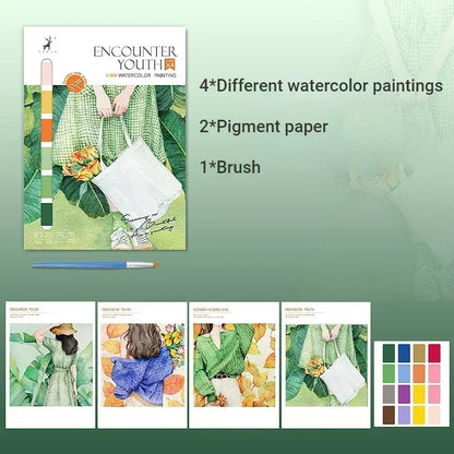 Portable Watercolor Painting Book 4 Sheets Coloring Book with Paint Brush Gouache Book Kids Graffiti Picture Drawing Statione