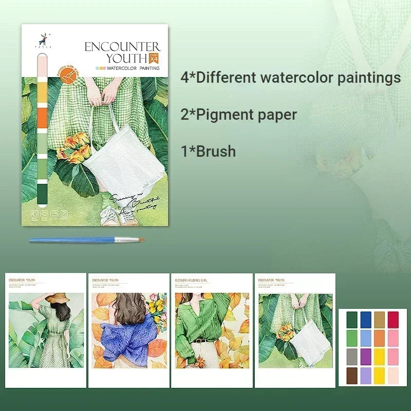 Portable Watercolor Painting Book 4 Sheets Coloring Book with Paint Brush Gouache Book Kids Graffiti Picture Drawing Statione
