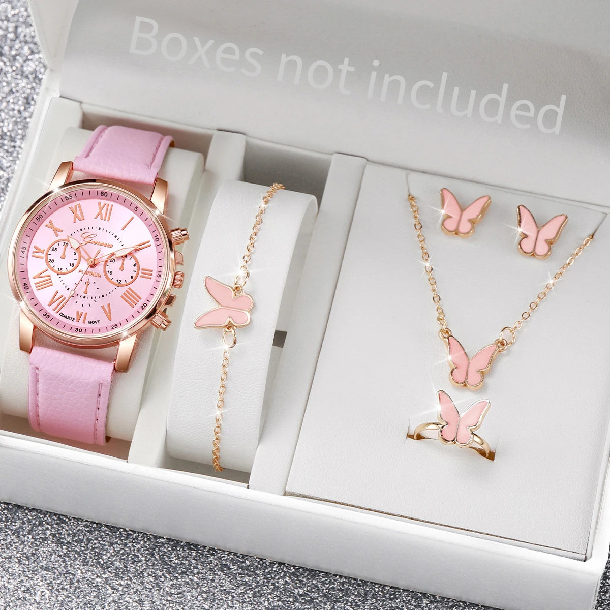 5/6PCS Fashion Women's Quartz Watch Leather Band Analog Wrist Watches Heart Rhinestone Jewelry Set(Without Box) - C Without B