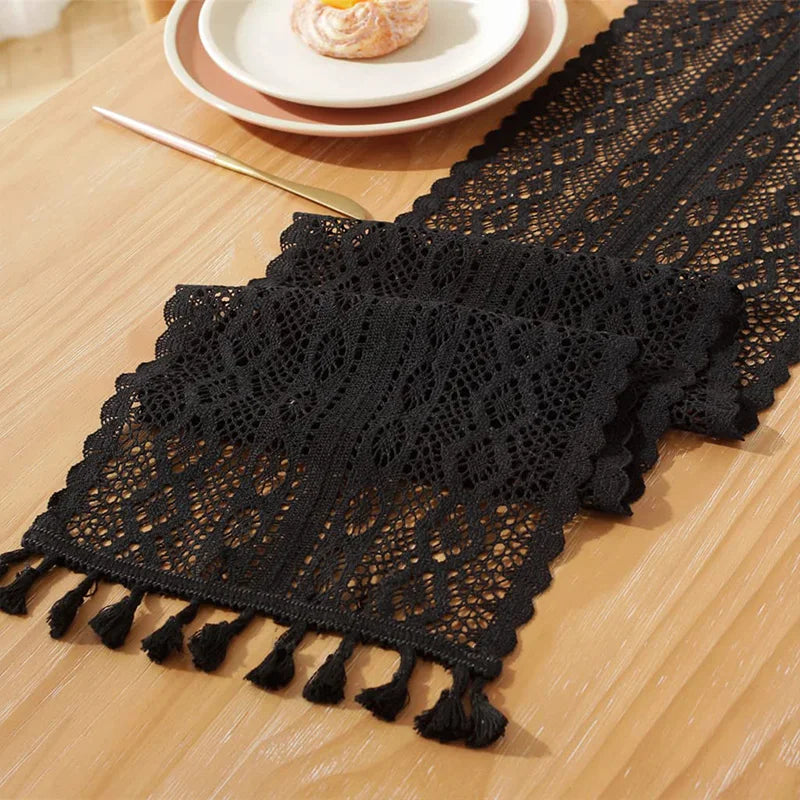 Table Runner Beige Christmas Crochet Lace Cotton Blended Fabric with Tassel For Coffee Table Decor Wedding Decoration - Table