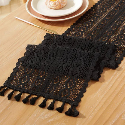 Table Runner Beige Christmas Crochet Lace Cotton Blended Fabric with Tassel For Coffee Table Decor Wedding Decoration - Table