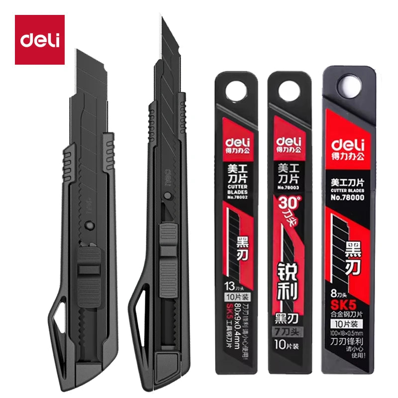 Deli Heavy Duty Utility Knife Black SK5 Carbon Steel Blades 9mm/18mm Auto-Retractable Box Cutter Sharp for Cardboard Cartons