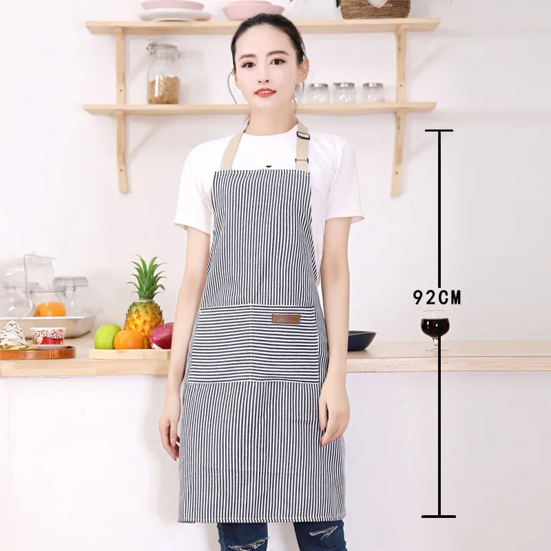White Black Striped Man Woman Home Restaurant Kitchen Baking Nail Bib Oil Repellent Work Apron 2 Pockets Adjustable Clean Apr