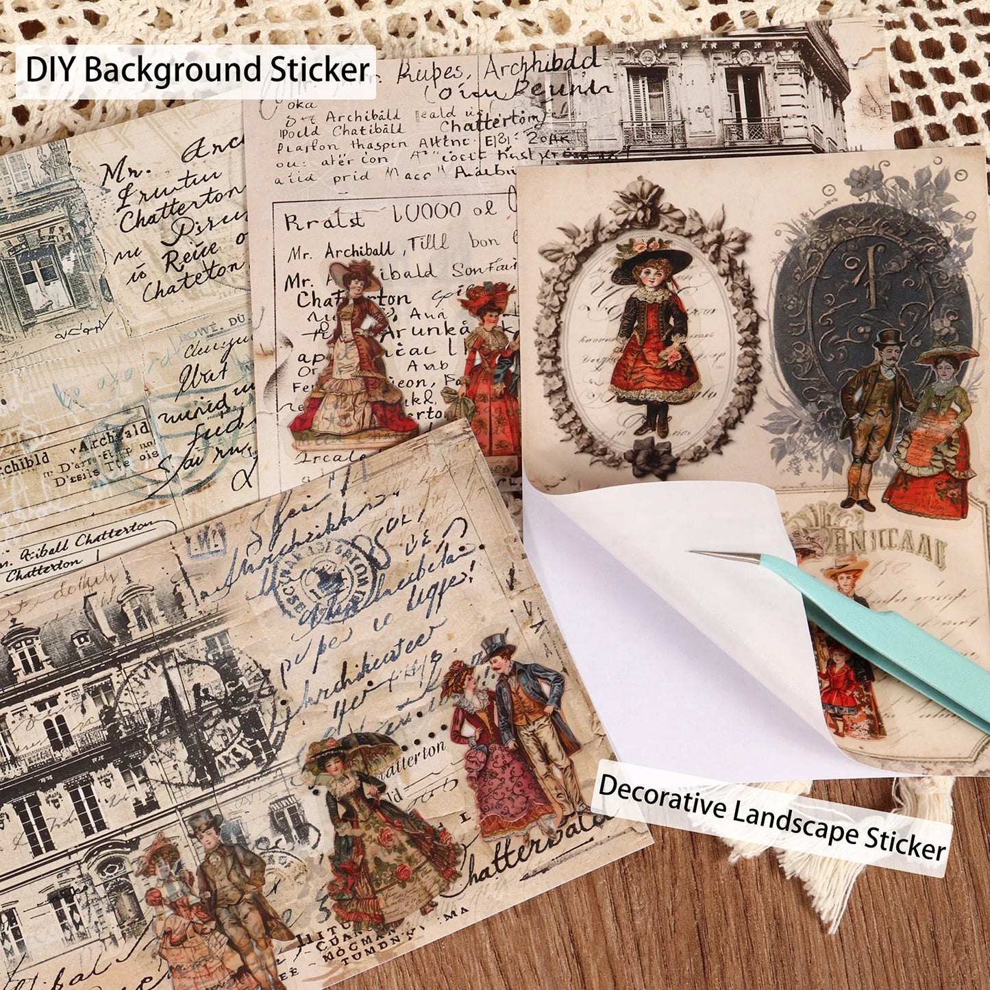 18sheets(70+stickers) Art Paper and PET Vintage Victoria Self-adhesive Scrapbook Sticker Pack, for Scrapbooking Supplies, Lap
