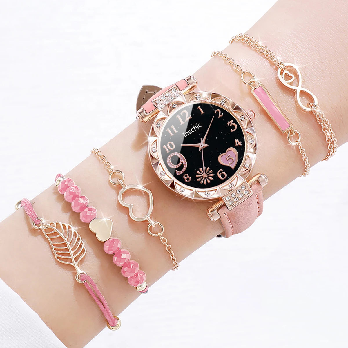 6PCS/Set Fashion Heart Dial Women's Watch Casual Leather Band Analog Quartz Watch Leaf Bracelets Set（Without Box） - 6PCS Set 