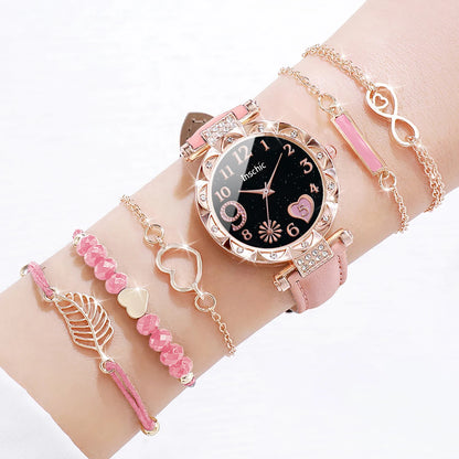6PCS/Set Fashion Heart Dial Women's Watch Casual Leather Band Analog Quartz Watch Leaf Bracelets Set（Without Box） - 6PCS Set 